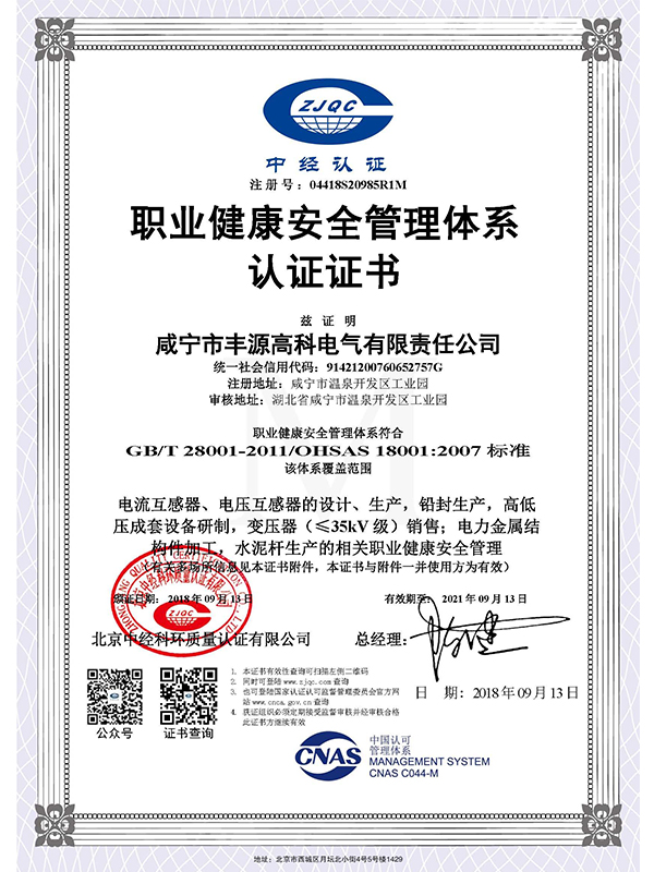 職業(yè)健康安全管理體系認證證書
